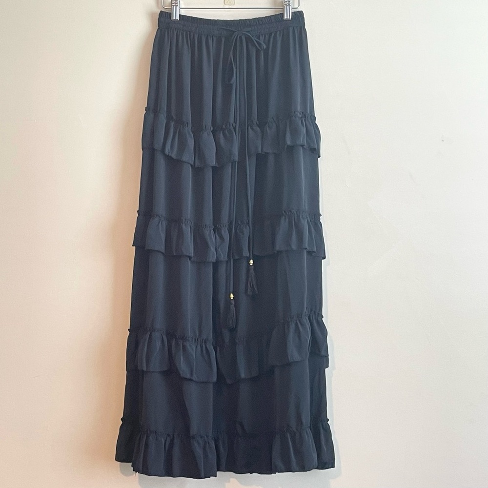 NWOT Karma N Craft Black Tiered Maxi Skirt Boho Witchy Pockets Satiny  Sz Free